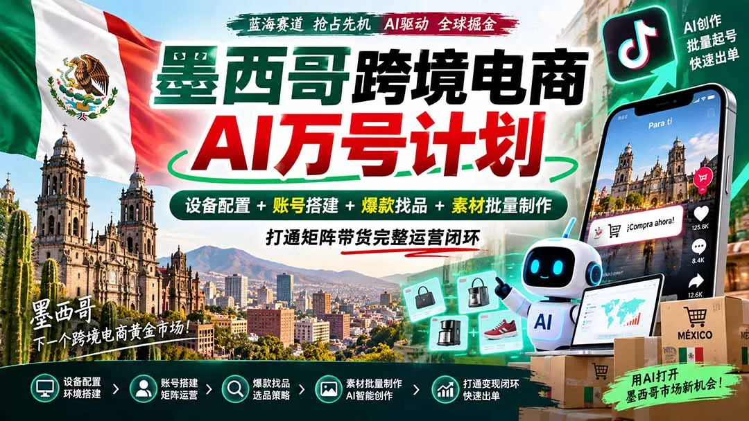 墨西哥AI跨境电商万号计划｜设备配置+账号搭建+爆款找品+素材批量制作，打通矩阵带货完整运营闭环-易创网