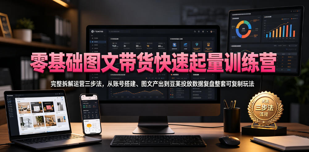 零基础图文带货快速起量训练营，完整拆解运营三步法，从账号搭建、图文产出到豆荚投放数据复盘整套可复制玩法-易创网