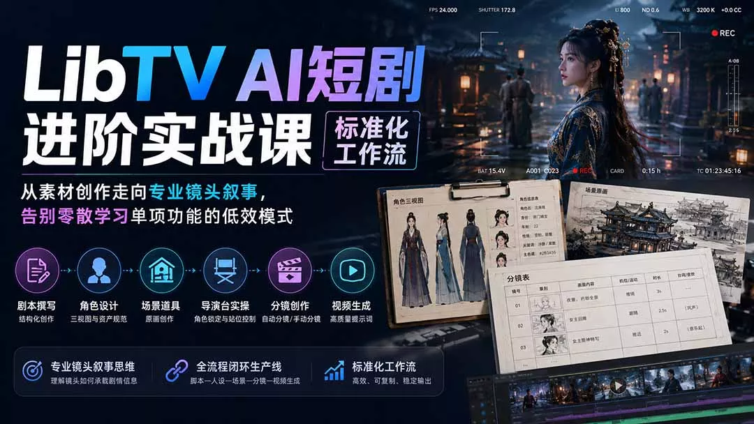 LibTV AI短剧进阶实操课标准化工作流；从素材创作走向专业镜头叙事，告别零散学习单项功能的低效模式-易创网