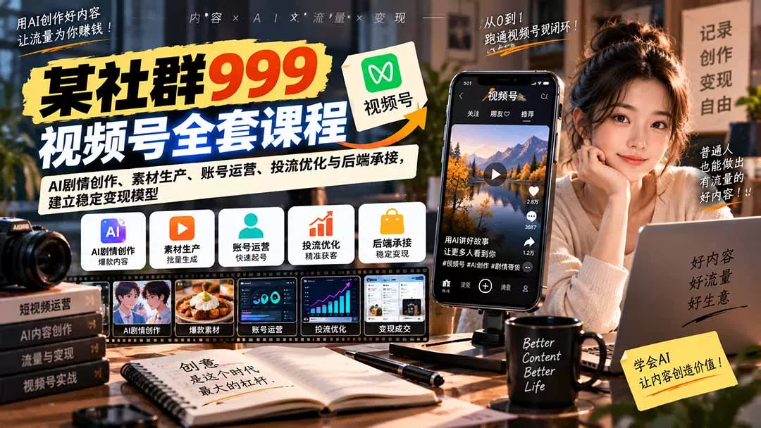 【无水印】某社群999视频号全套课程：AI剧情创作、素材生产、账号运营、投流优化与后端承接，建立稳定变现模型-易创网
