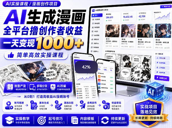 AI生成漫画全平台撸创作者收益内部课程，实操最高单日变现1k+-易创网