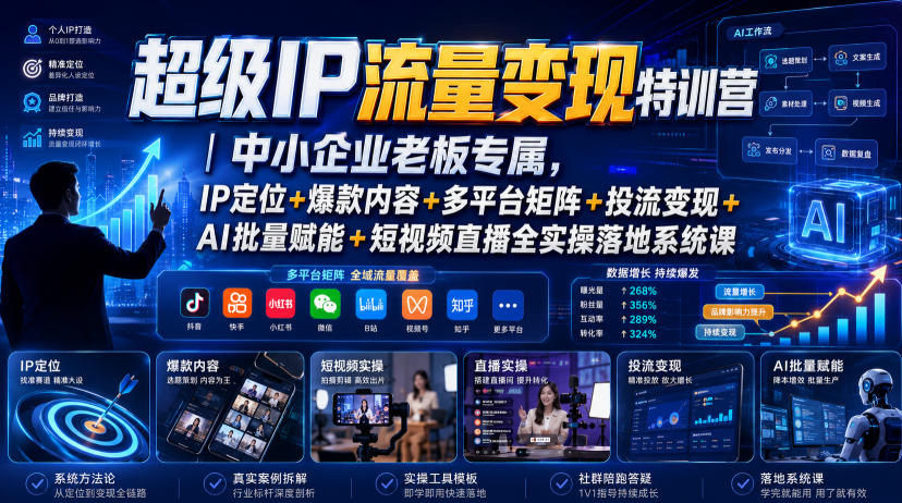 超级IP流量变现特训营｜中小企业老板专属，IP定位+爆款内容+多平台矩阵+投流变现+AI批量赋能+短视频直播全实操落地系统课-易创网