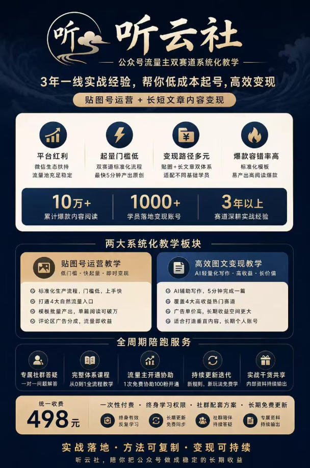 听云社公众号流量主双赛道系统化教学，3年一线实战经验，帮你低成本起号，高效变现，贴图号运营+长短文章内容变现-易创网
