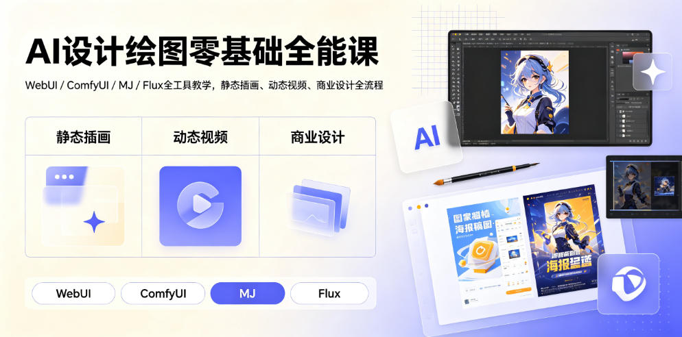 AI设计绘图零基础全能课｜WebUI/ComfyUI/MJ/Flux全工具教学，静态插画、动态视频、商业设计全流程-易创网