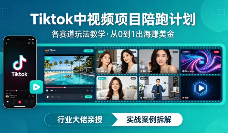 某大佬的Tiktok中视频项目陪跑，涵盖TK各个赛道玩法教学，从0到1出海賺美金-易创网