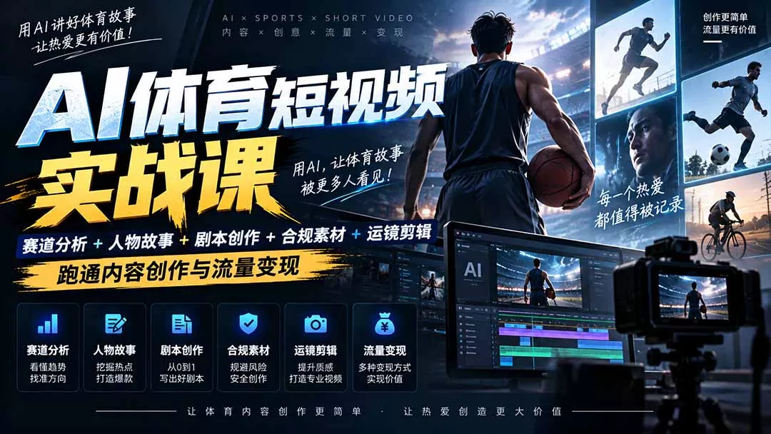 AI体育短视频赛道顶级玩法｜赛道分析+人物故事+剧本创作+版权处理+运镜剪辑，跑通流量变现-日赚1K+-易创网