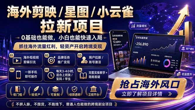 （18567期）海外剪映 / 星图 / 小云雀拉新项目 普通人也能上手的跨境流量变现副业-易创网