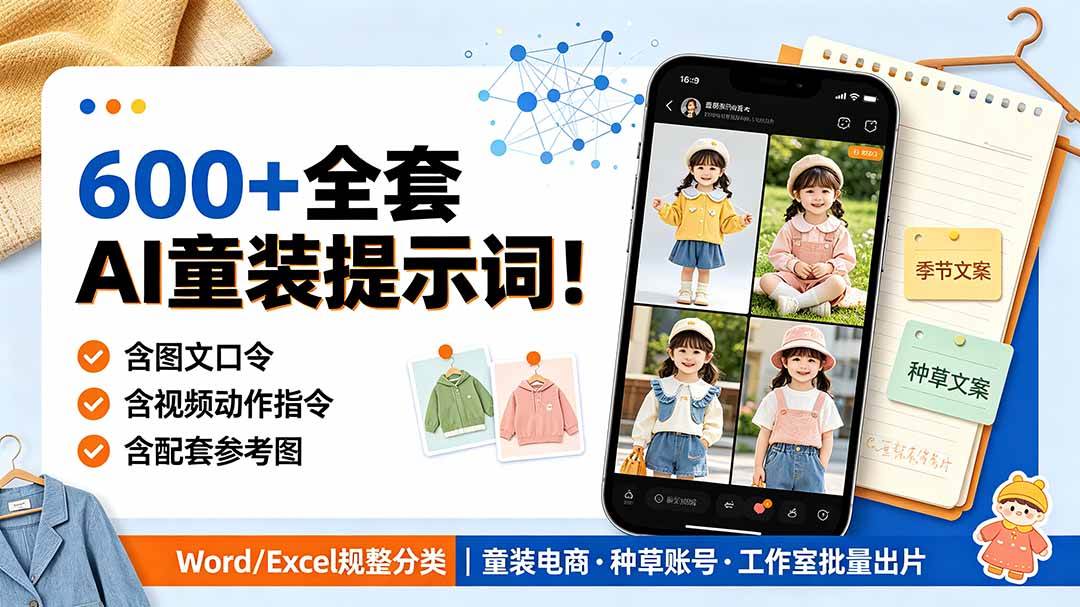 （19302期）600+全套AI童装提示词！含图文口令+视频动作指令+配套参考图，Word/Excel规整分类，童装电商、种草无脑量产内容-易创网