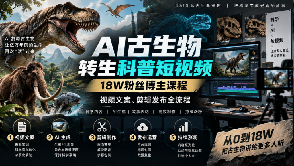 AI古生物转生科普短视频，18W粉丝博主课程，视频文案、剪辑发布全流程-易创网