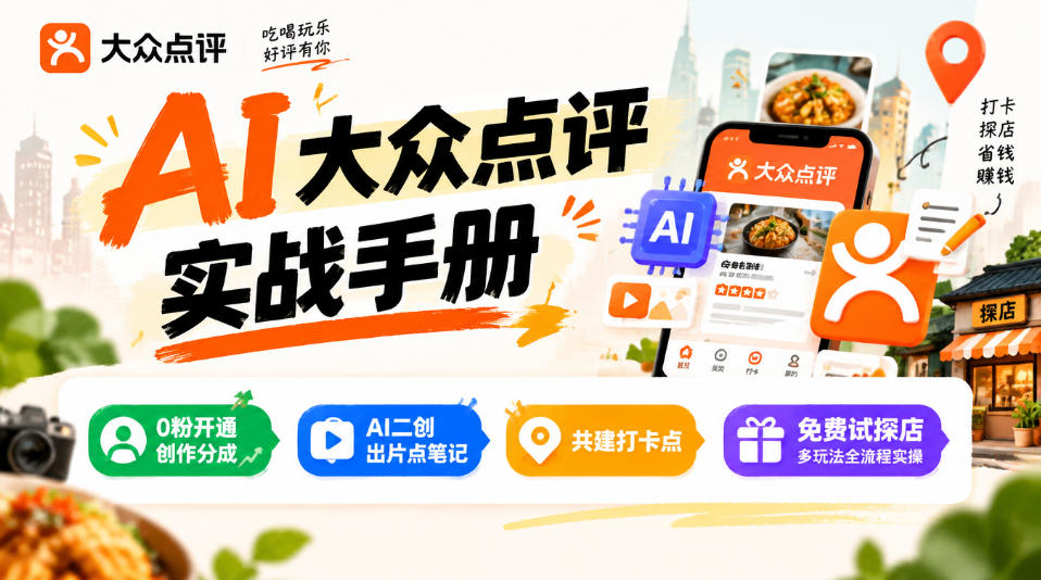 某局的AI大众点评实战手册，0粉开通创作分成、AI二创出片点笔记、共建打卡点、免费试探店多玩法全流程实操-易创网