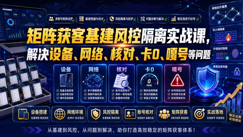 矩阵获客基建风控隔离实战课，解决设备、网络、核对、卡0、嘎号等问题-易创网