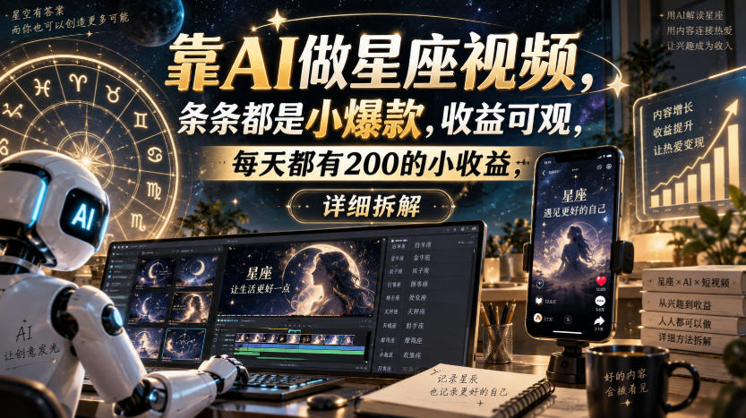 靠AI做星座视频，条条都是小爆款，收益可观，每天都有200的小收益，详细拆解-易创网