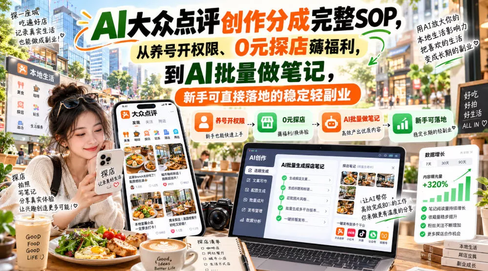 【无水印】AI大众点评创作分成完整SOP，从养号开权限、0元探店薅福利，到AI批量做笔记，新手可直接落地的稳定轻副业-易创网