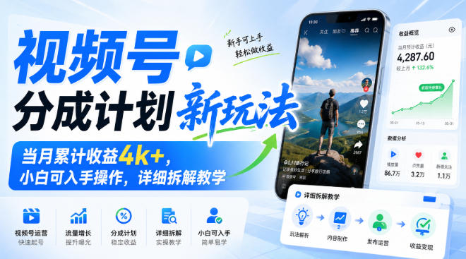 视频号分成计划新玩法，当月累计收益4k+，小白可入手操作，详细拆解教学-易创网