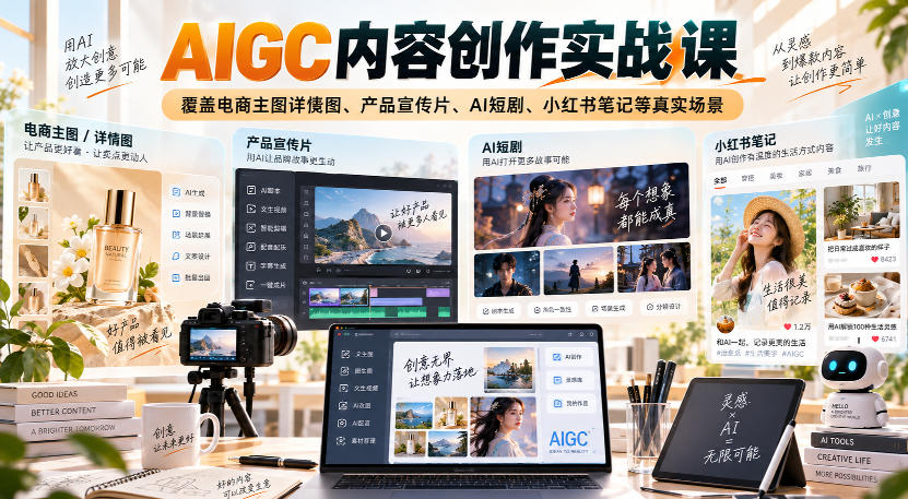 AIGC内容创作实战课，覆盖电商主图详情图、产品宣传片、AI短剧、小红书笔记等真实场景-易创网