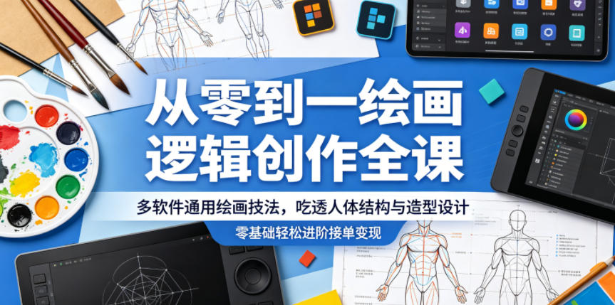 从零到一绘画逻辑创作全课，多软件通用绘画技法，吃透人体结构与造型设计，零基础轻松进阶接单变现-易创网