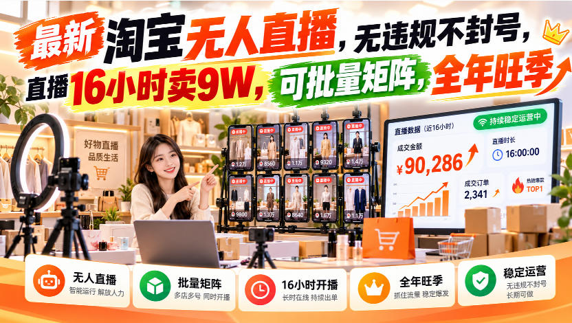 最新淘宝无人直播，无违规不封号，直播16小时卖9W，可批量矩阵，全年旺季【揭秘】-易创网