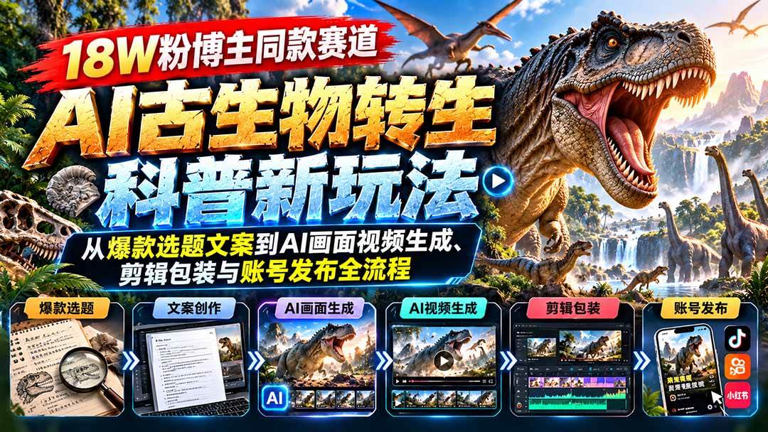 （20833期）18W粉博主同款赛道-AI古生物转生科普新玩法：从爆款选题文案到AI画面视频生成、剪辑包装与账号发布全流程-易创网