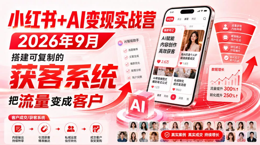 小红书+AI变现实战营2026年9月，搭建可复制的获客系统，把流量变成客户！-易创网