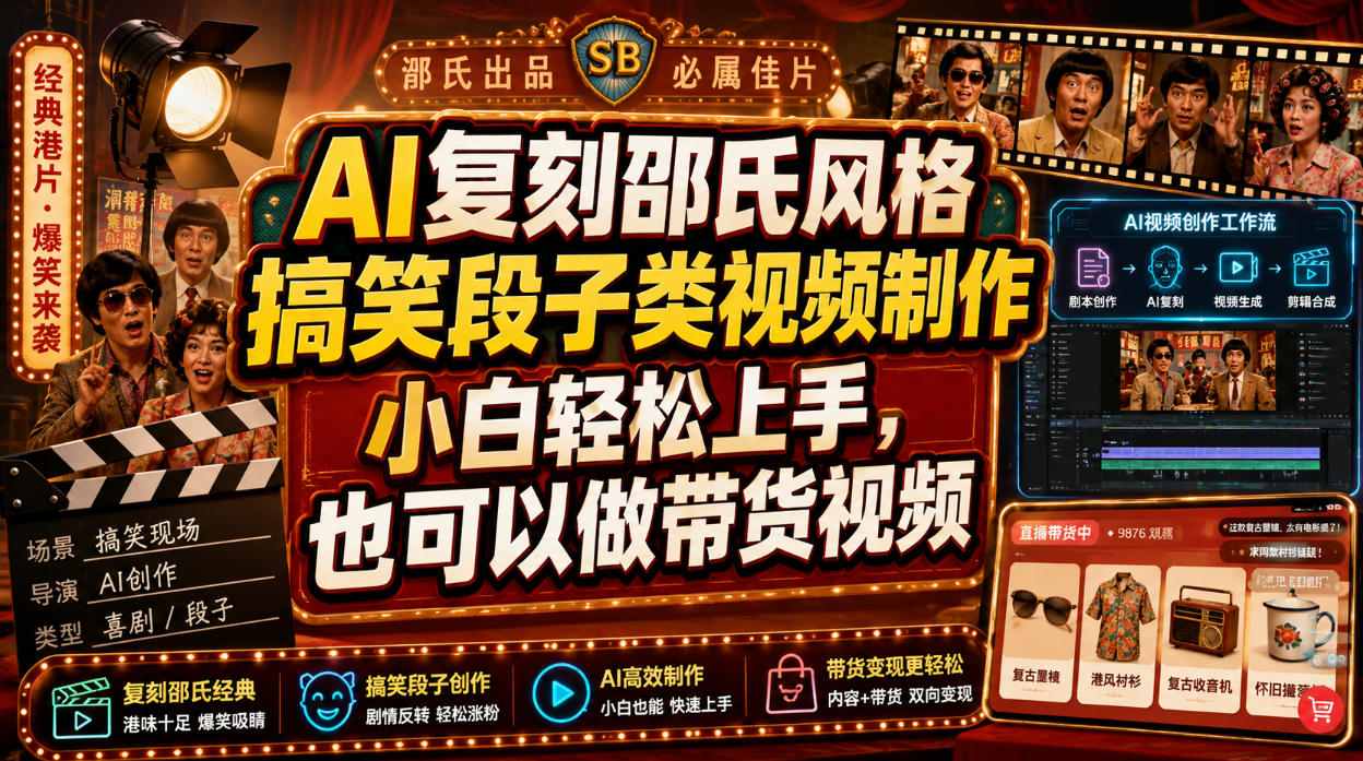 AI复刻邵氏风格搞笑段子类视频制作，小白轻松上手，也可以做带货视频-易创网