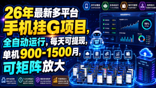 26年最新多平台手机挂G项目，全自动运行，每天可提现，单机900-1500月，可矩阵放大【揭秘】-易创网