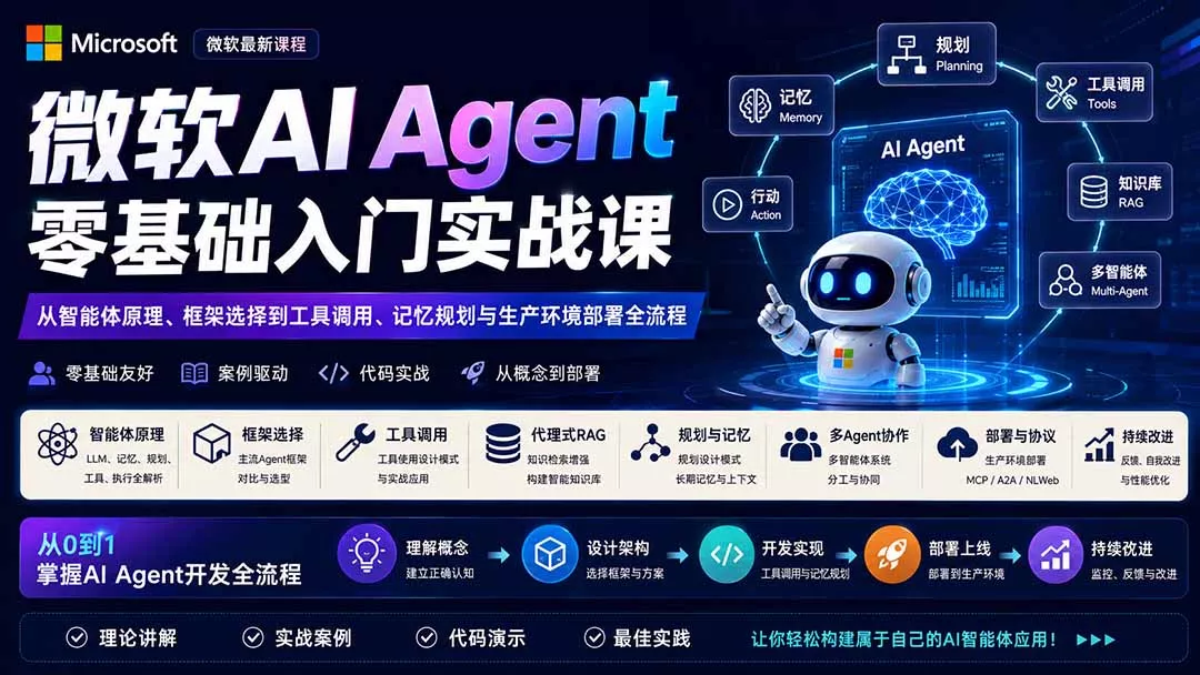 微软AI Agent零基础入门实战课：从智能体原理、框架选择到工具调用、记忆规划与生产环境部署全流程-易创网
