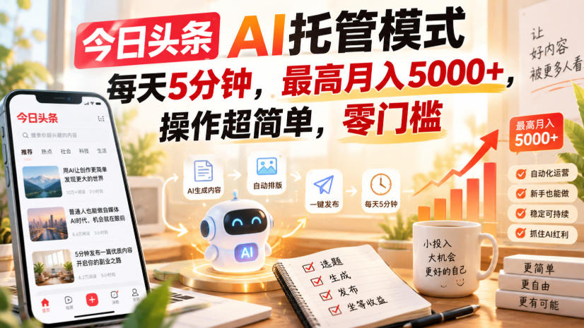 今日头条AI托管模式，每天5分钟，最高月入5000+，操作超简单，零门槛【揭秘】-易创网