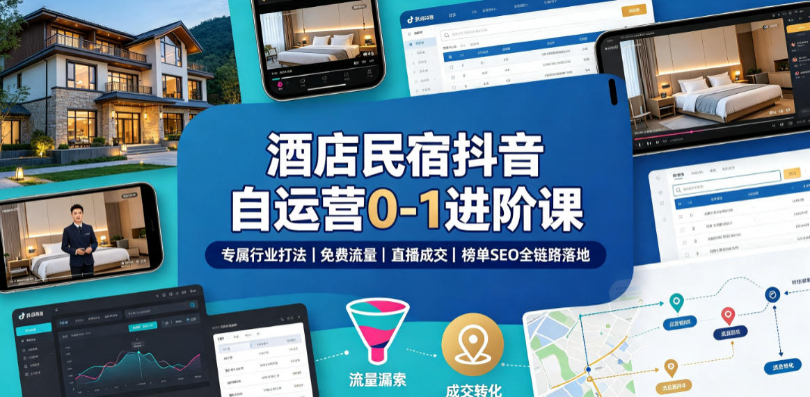 酒店民宿抖音自运营0-1进阶课｜专属行业打法、免费流量+直播成交+榜单SEO全链路落地-易创网
