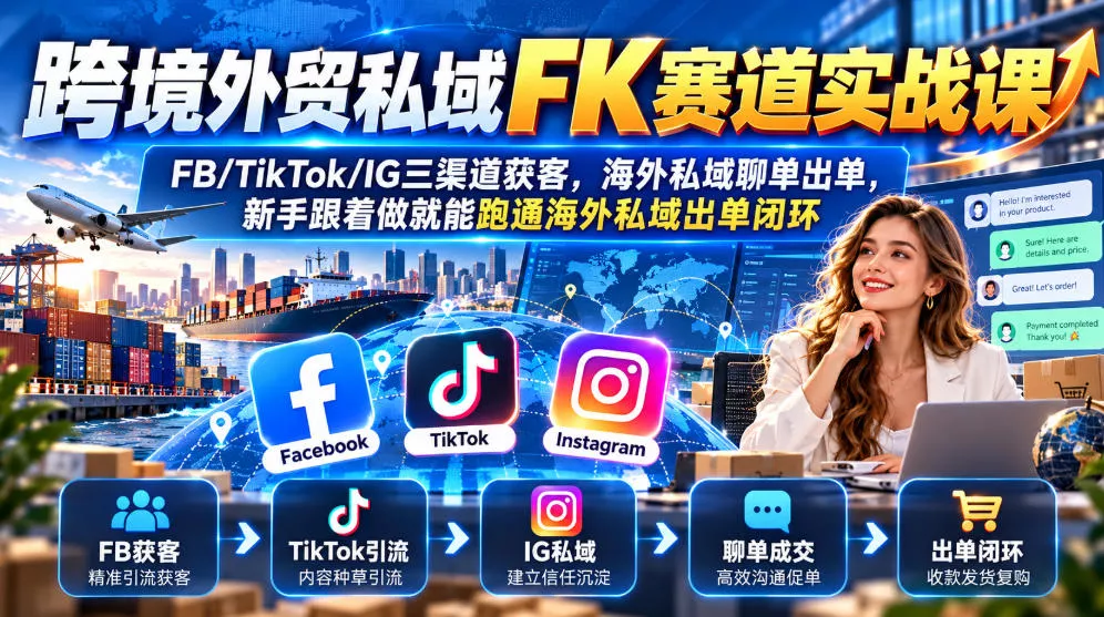 跨境外贸私域FK赛道实战课｜FB/TikTok/IG三渠道获客，海外私域聊单出单，新手跟着做就能跑通海外私域出单闭环-易创网