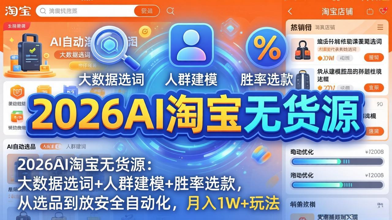 2026AI淘宝无货源：大数据选词+人群建模+胜率选款，从选品到放大全自动化，月入1W+玩法-易创网