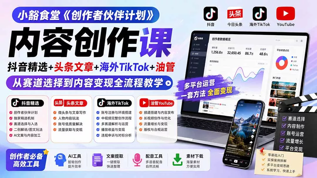 小豁食堂《创作者伙伴计划》内容创作课：抖音精选+头条文章+海外TikTok+油管，从赛道选择到内容变现全流程教学-易创网