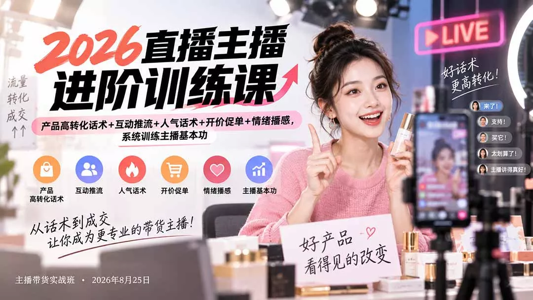 2026直播主播进阶训练课：产品高转化话术+互动推流+人气话术+开价促单+情绪播感，系统训练主播基本功-易创网