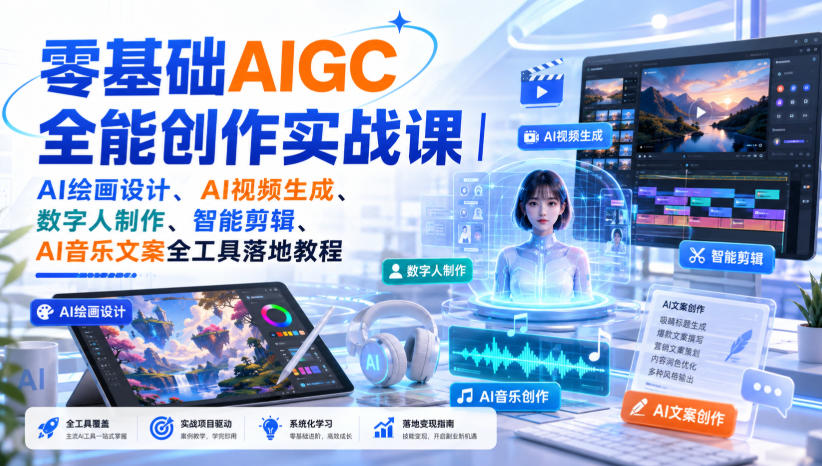 零基础AIGC全能创作实战课｜AI绘画设计、AI视频生成、数字人制作、智能剪辑、AI音乐文案全工具落地教程-易创网