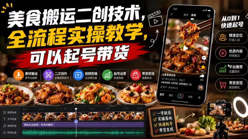 美食搬运二创技术，全流程实操教学，可以起号带货-易创网