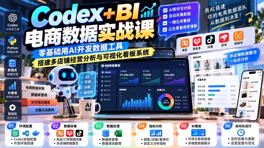 Codex+BI电商数据实战课：零基础用AI开发数据工具，搭建多店铺经营分析与可视化看板系统-易创网