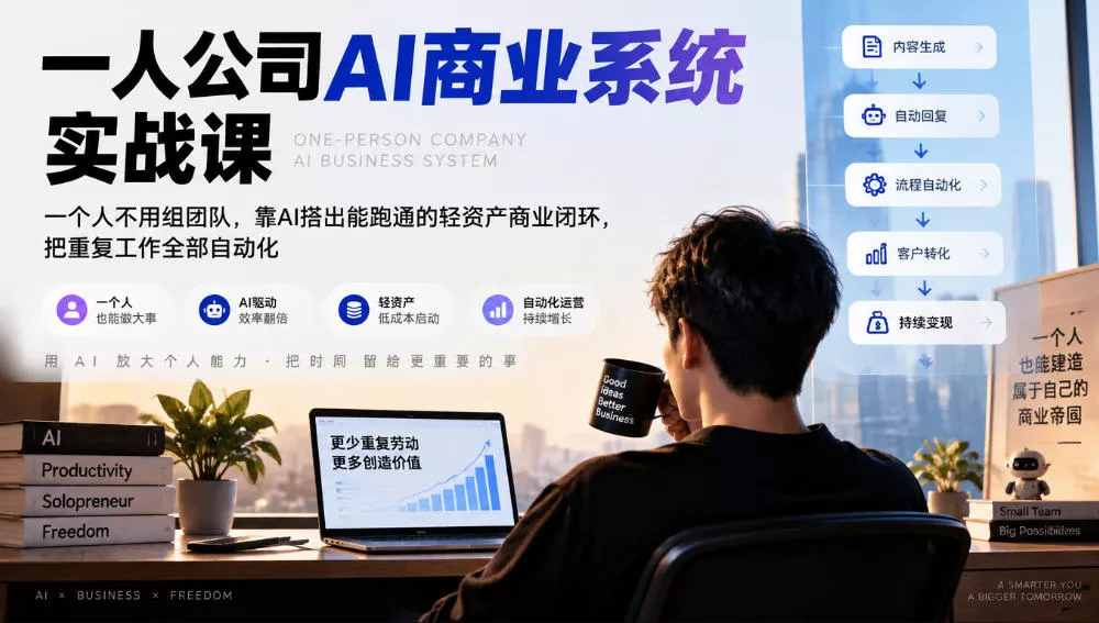 一人公司AI商业系统实战课，一个人不用组团队，靠AI搭出能跑通的轻资产商业闭环，把重复工作全部自动化-易创网