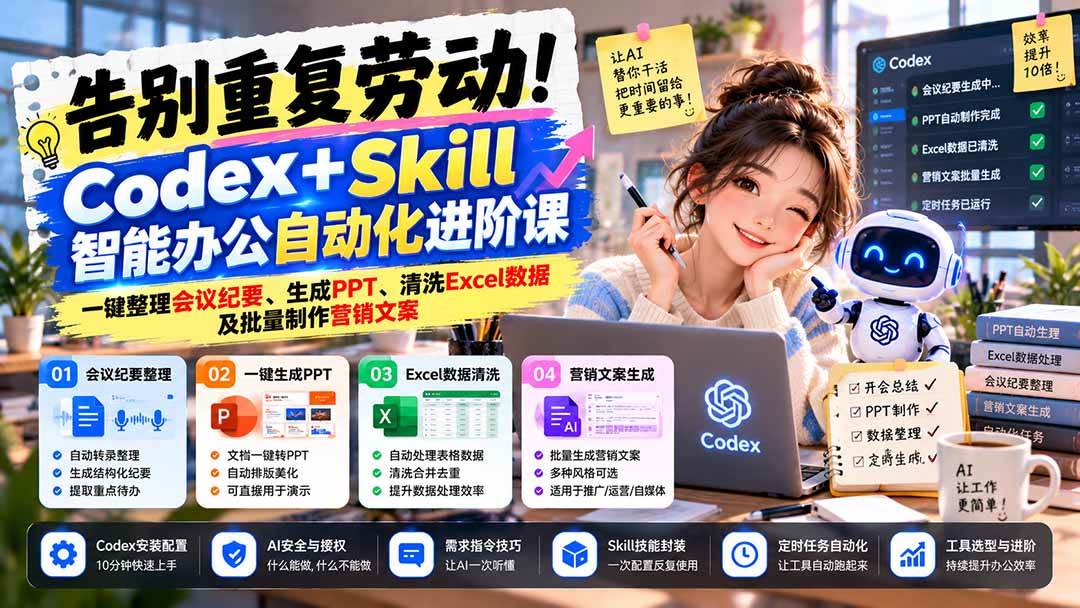 （21001期）告别重复劳动！Codex+Skill智能办公自动化进阶课：一键整理会议纪要、生成PPT、清洗Excel数据及批量制作营销文案-易创网