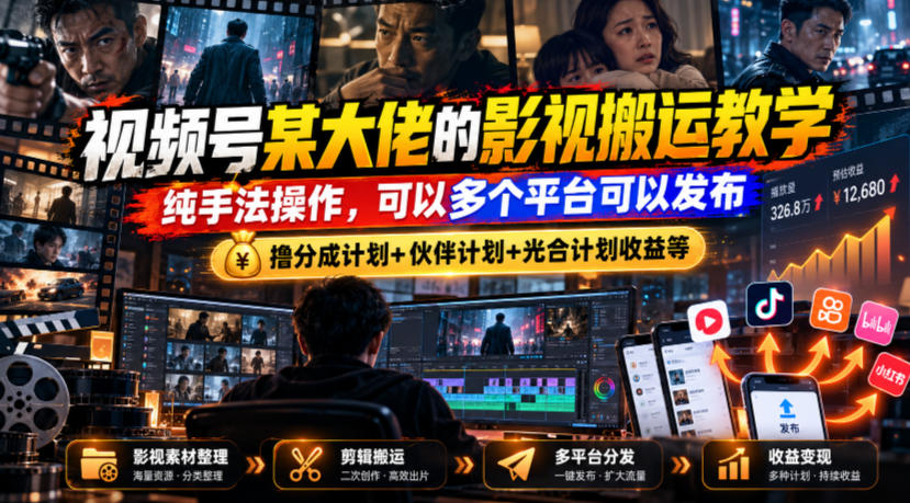 视频号某大佬的影视搬运教学,纯手法操作,可以多个平台可以发布,撸分成计划+伙伴计划+光合计划收益等 视频号某大佬的影视搬运教学,纯手法操作,可以多个平台可以发布,撸分成计划+伙伴计划+光合计划收益等