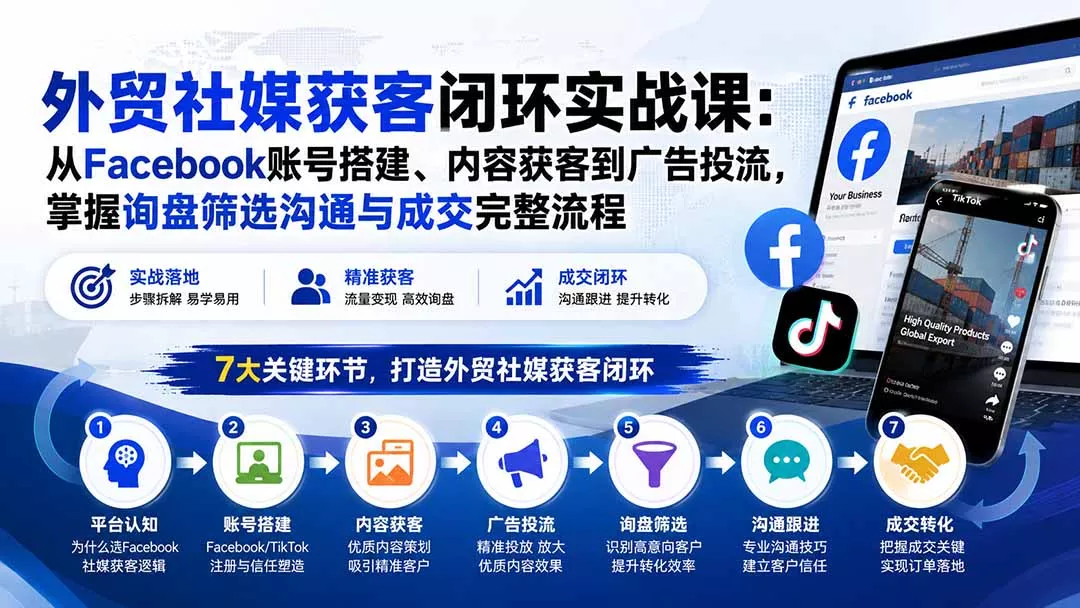 外贸社媒获客闭环实战课：从Facebook账号搭建、内容获客到广告投流，掌握询盘筛选沟通与成交完整流程-易创网