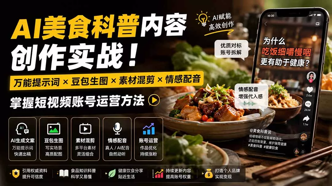外面卖199元-AI美食科普内容创作实战！万能提示词×豆包生图×素材混剪×情感配音，掌握短视频账号运营方法-易创网