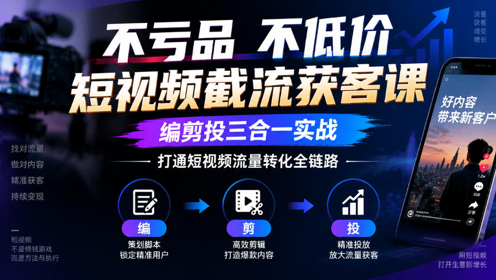 不亏品不低价短视频截流获客课，编剪投三合一实战，打通短视频流量转化全链路-易创网