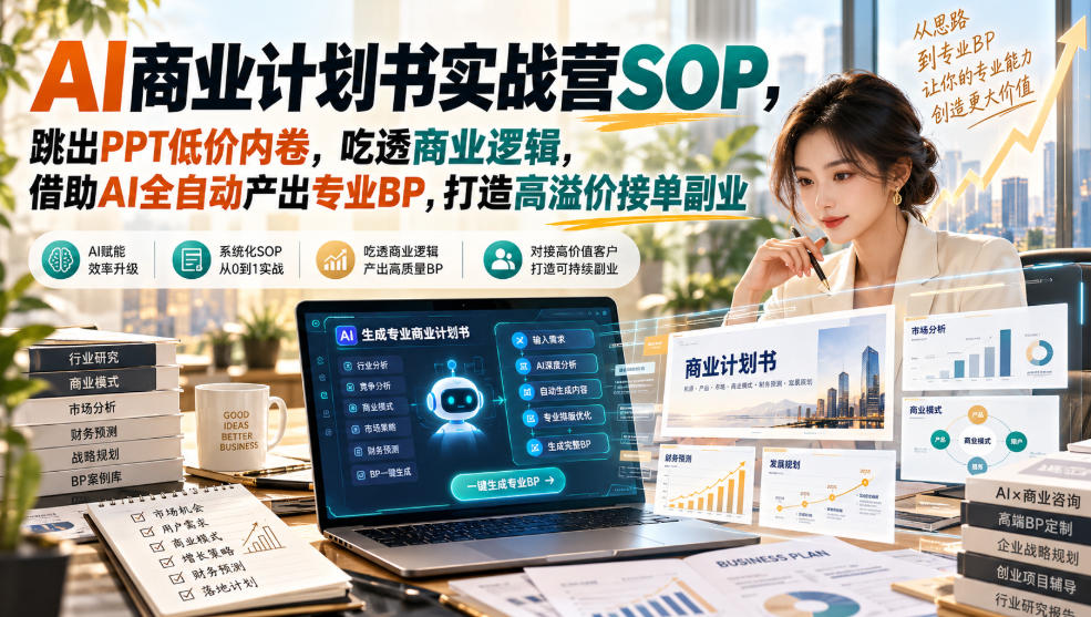AI商业计划书实战营SOP，跳出PPT低价内卷，吃透商业逻辑，借助AI全自动产出专业BP，打造高溢价接单副业-易创网