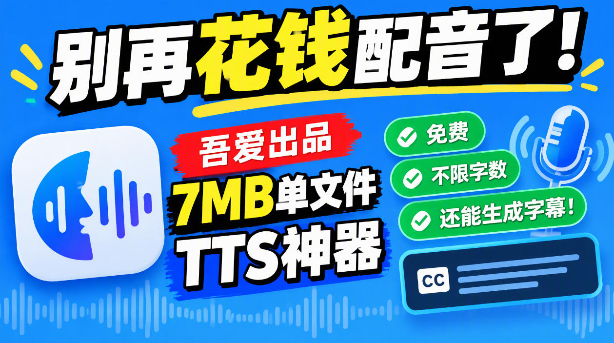 别再花钱配音了!吾爱出品7MB单文件TTS神器,免费不限字数还能生成字幕! 别再花钱配音了!吾爱出品7MB单文件TTS神器,免费不限字数还能生成字幕!