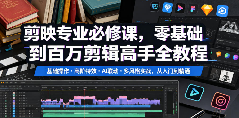 剪映专业必修课，零基础到百万剪辑高手全教程，基础操作・高阶特效・AI联动・多风格实战，从入门到精通-易创网