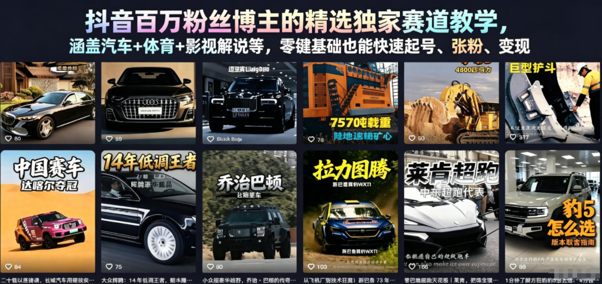 抖音百万粉丝博主的精选独家赛道教学，涵盖汽车+体育+影视解说等，零基础也能快速起号、涨粉、变现-易创网