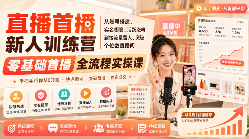 直播首播新人训练营｜从账号搭建、实名橱窗、活跃涨粉到接流量留人、突破个位数直播间，零基础首播全流程实操课-易创网