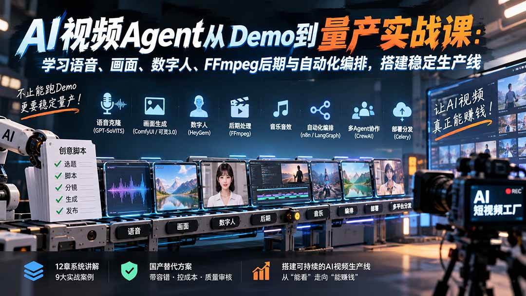 （20451期）AI视频Agent从Demo到量产实战课：学习语音、画面、数字人、FFmpeg后期与自动化编排，搭建稳定生产线-易创网