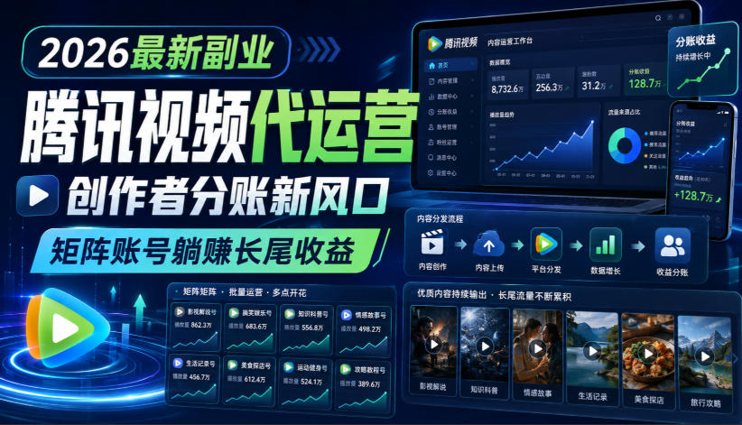 2026最新副业之腾讯视频代运营：创作者分账新风口，矩阵账号躺賺长尾收益【揭秘】-易创网