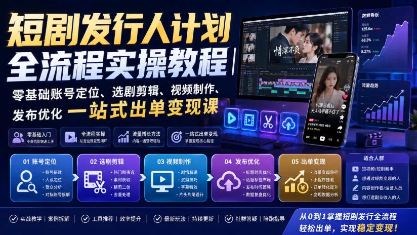 短剧发行人计划全流程实操教程｜零基础账号定位、选剧剪辑、视频制作、发布优化一站式出单变现课-易创网