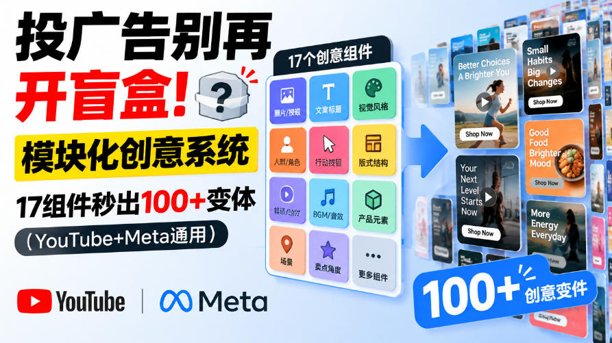 投广告别再开盲盒！模块化创意系统，17组件秒出100+变体（YouTube+Meta通用）【原创双语字幕】-易创网